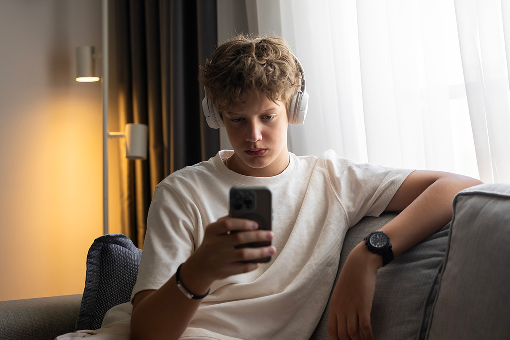 Ungdom med øretelefoner som sitter i sofaen og ser på mobilen